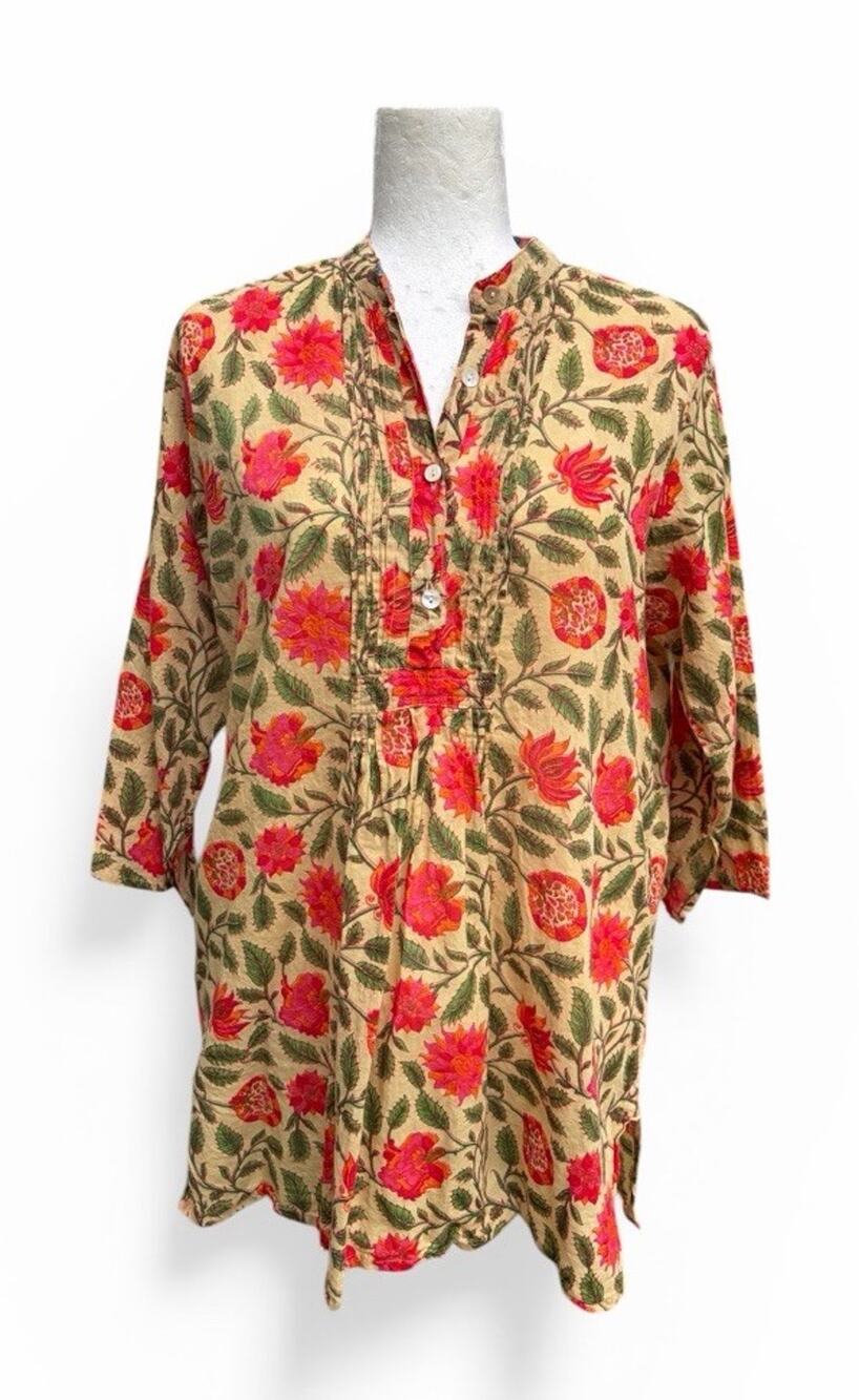 Rashid India Lightweight Cotton Tunic Red Floral 3/4 Sleeve Resort Womens Large